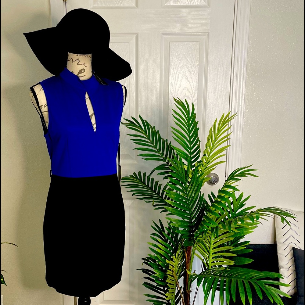 Turn heads in this eye-catching black/ blue dress